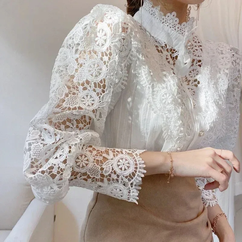 Shirt Women Blusas Mujer De Moda Office Lady Flower Blouse Spring Hollow Out Lace  Stand Collar Button Female Clothing 12419