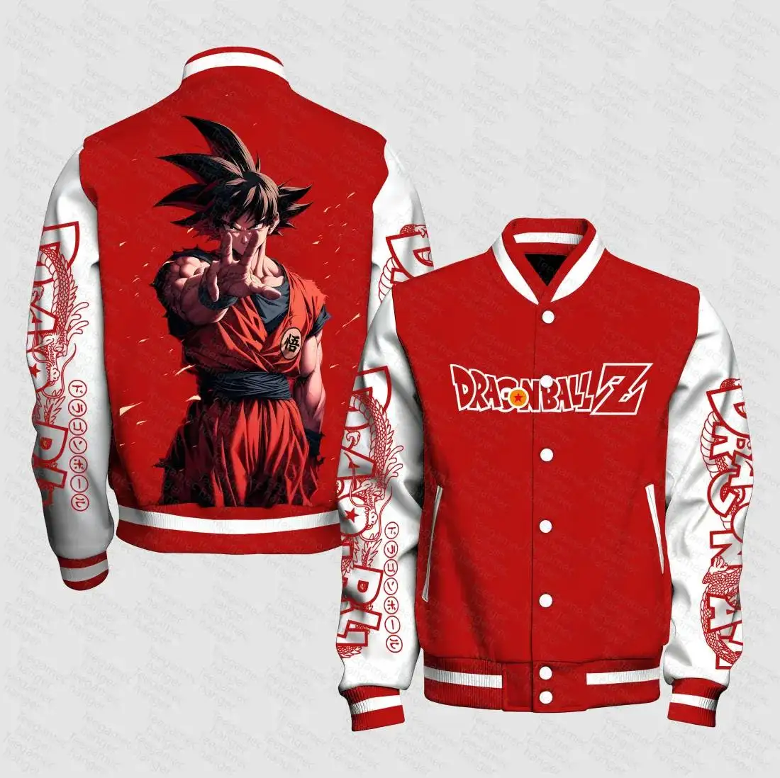 

Dragon Ball Z Goku Anime Jacket Red White Varsity Style with Dragon Sleeve Patterns for Fans of Japanese Animation Series