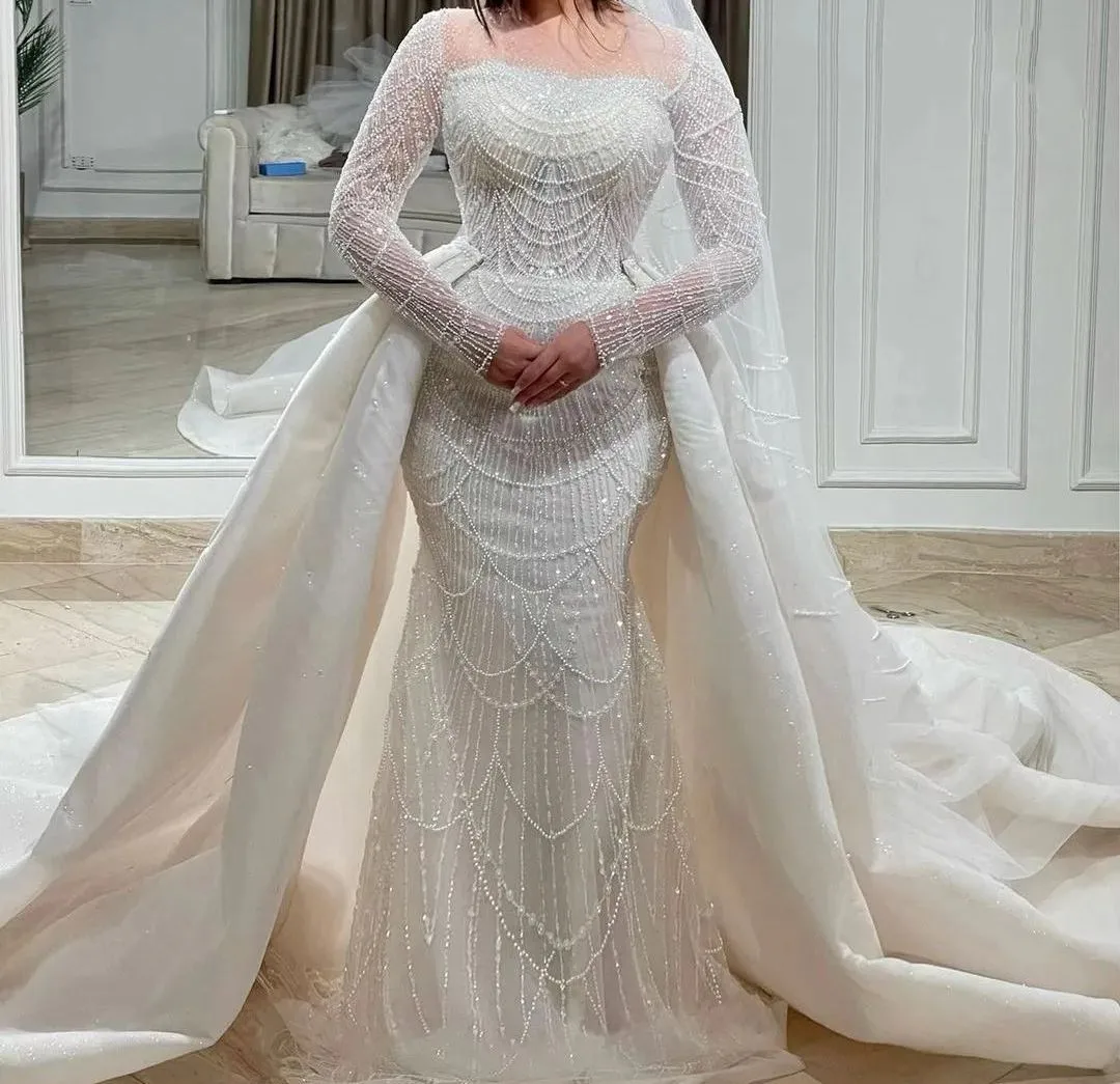 Exquisito Vestido De Novia De manga larga, Vestido De Novia con lentejuelas brillantes, perlas, cuentas, encaje 3D, tren desmontable