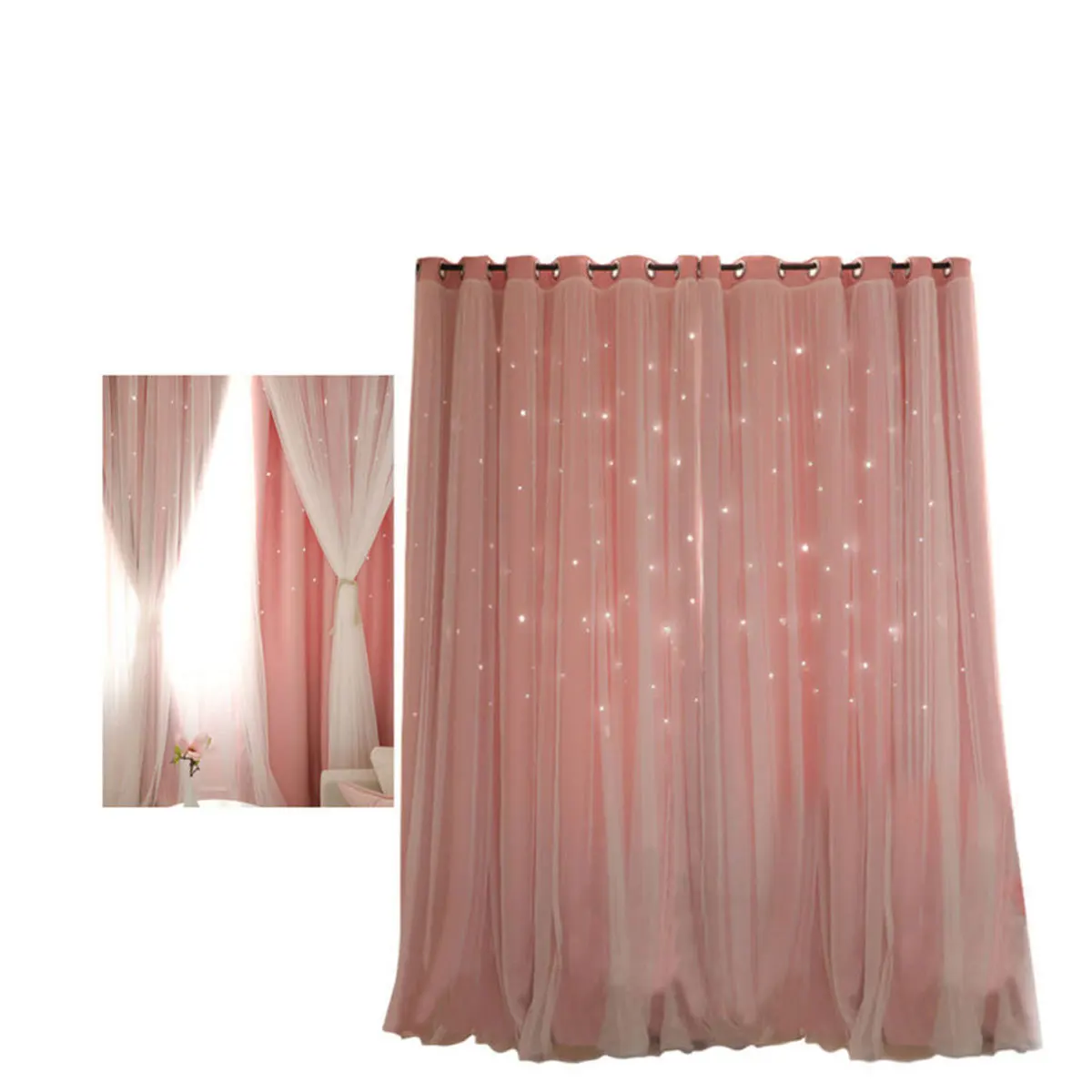 ستائر مزدوجة الطبقات بتصميم نجمة مجوفة لغرفة النوم وغرفة المعيشة ونافذة ديكور ستائر شبكية رومانسية باللون الوردي