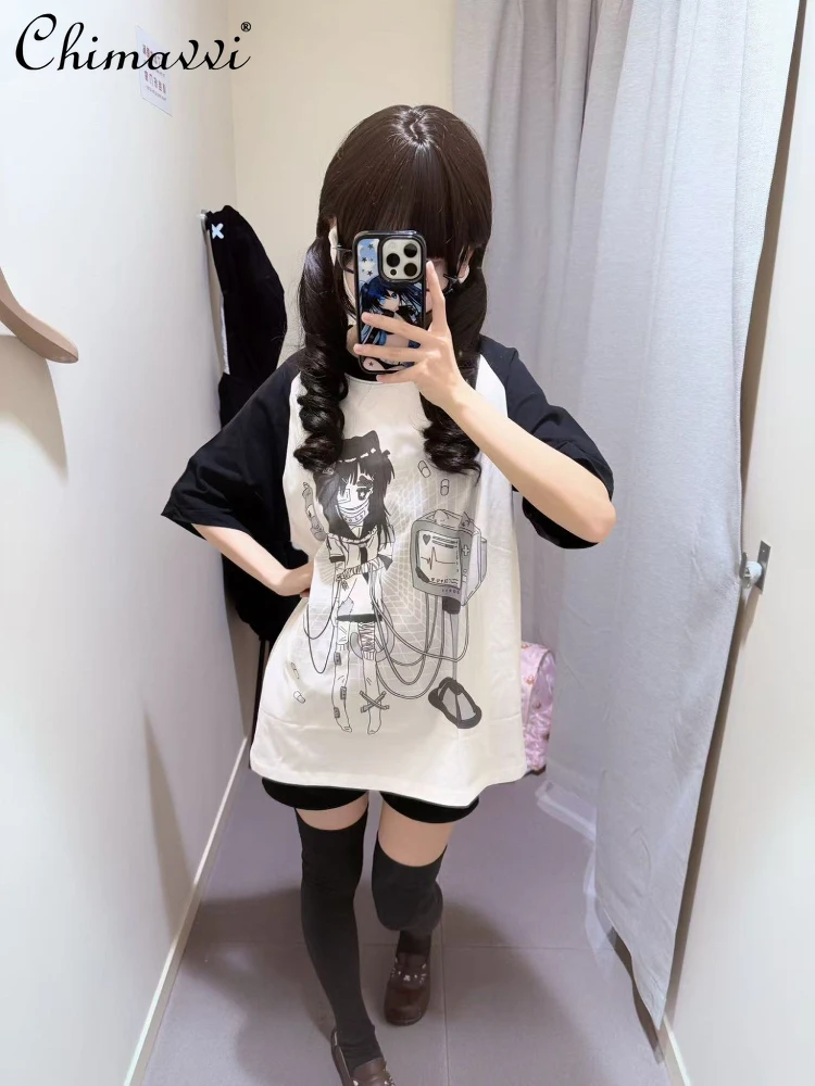 

Original 2D Cute Girl Raglan Sleeve Short Sleeve Cotton T-Shirt Women Summer New Fashion Round Neck Loose Y2k Couple Tees Top