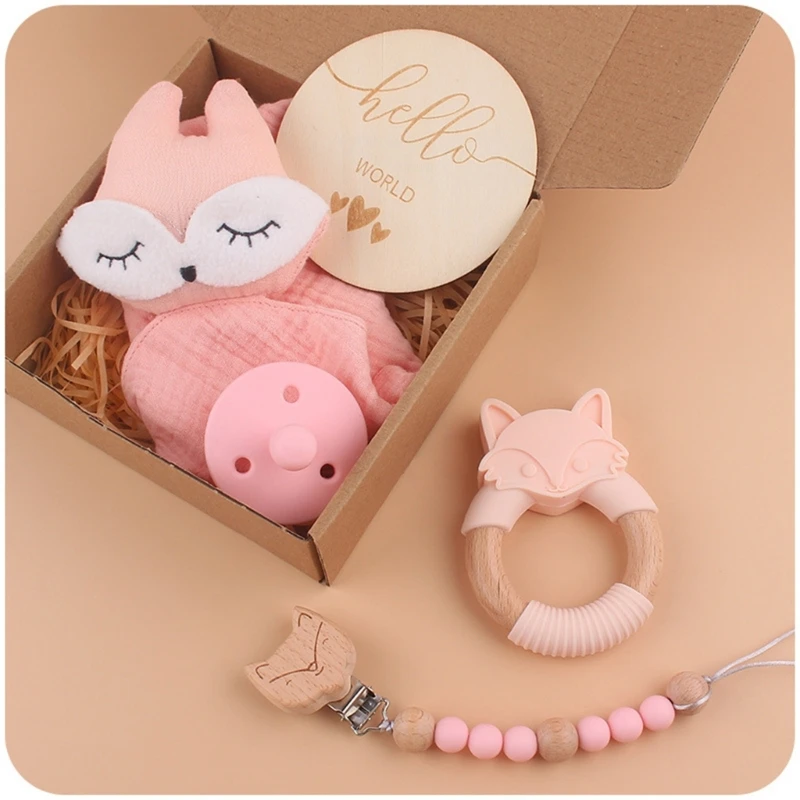 1 Set Cotton Baby Towel Newborn Appease Soother Towels Security Blanket+Beech Wood Teether Pacifier Clip Baby Shower Gift Box