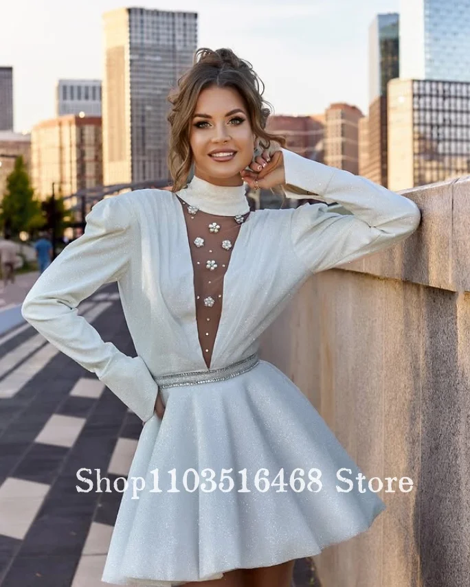 Custom Ivory Shimmering V-Neck Short Prom Dress Pearl Shine Fabric Long-Sleeve Wedding Party Dress Evening Gown Birthday Dress