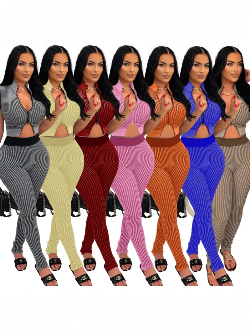 

L5508 Patchwork Striped Women Casual 2 Piece Set Crochet Halter Low-Neck Vest+Pocket Pants Stretch Skinny Matching Suit