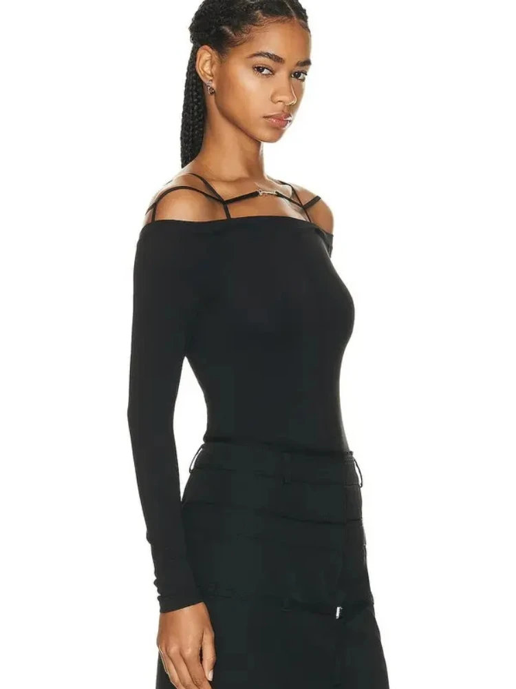 Ja marca design fora do ombro letras de metal manga comprida algodão elasticidade camiseta para mulher magro ajuste tshirt roupas superiores