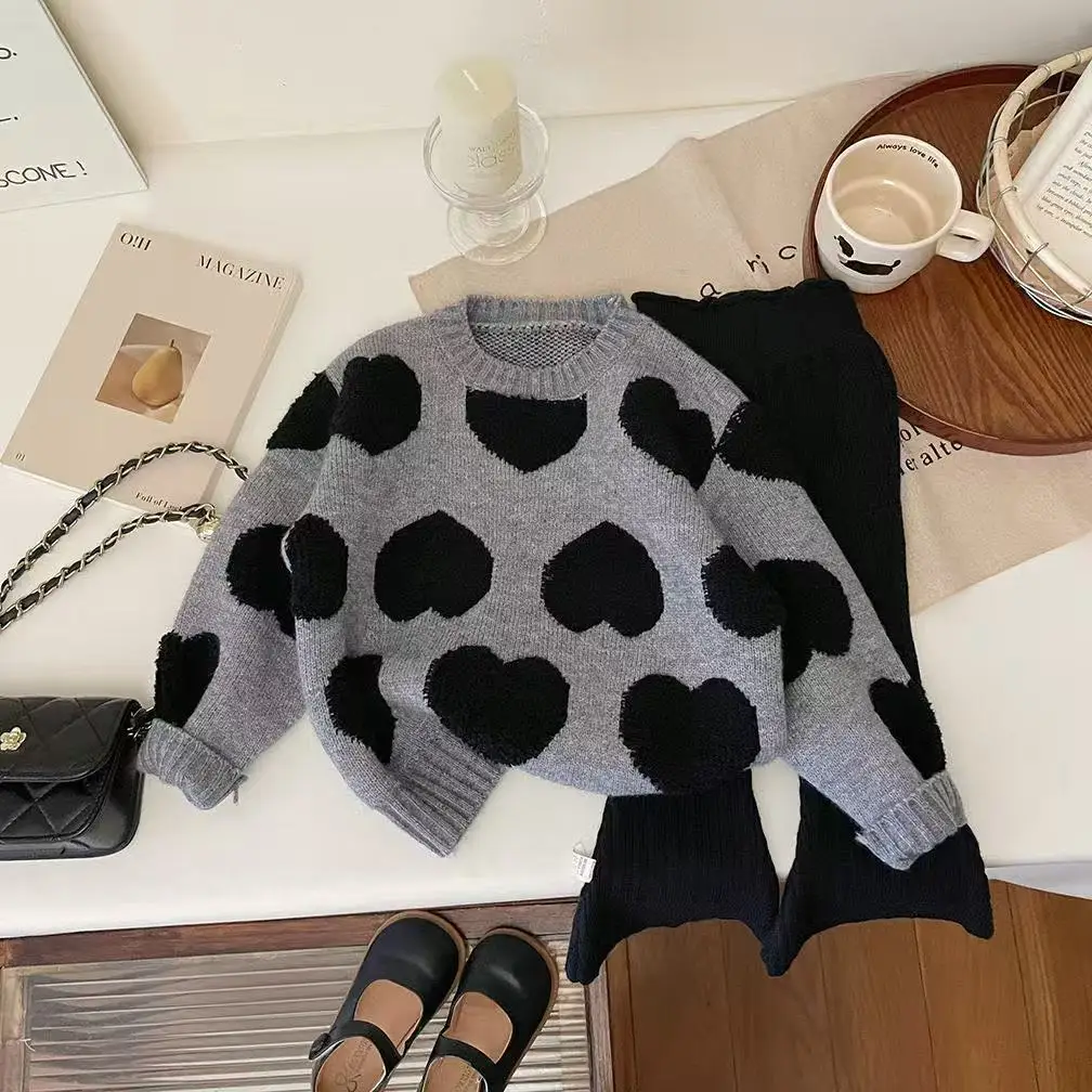 

Korean Girls jumper 2025 New Winter Thickened Little Girl Knit Sweater Warm Children Winter Bottoming Shirt Two-piece Set