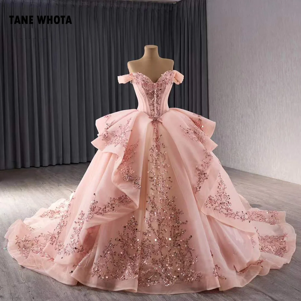 

Vestido De Quinceañera Sweetheart Off Shoulder Lace Up Back Sequined Beading Embroidery Pink Long Dress For Special Occasions