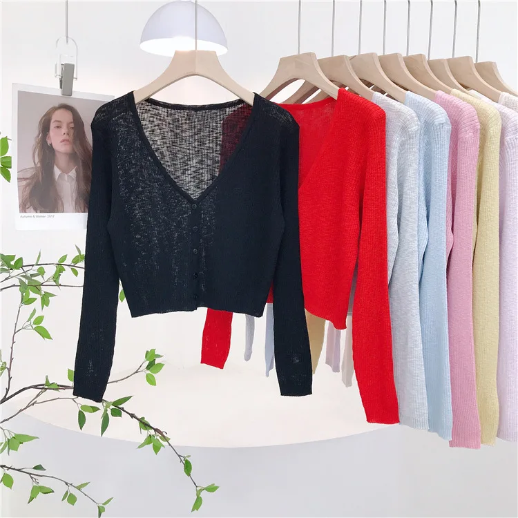 8120 Red Sun Protection Summer New Korean Style V-Neck Ribbed Button Bamboo Fiber Breathable Air Conditioning Shirt Shawl For