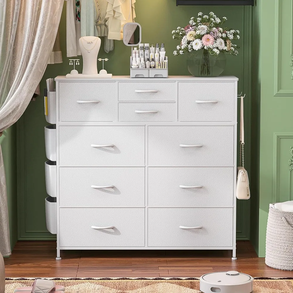 Dresser for Bedroom with 10 Drawers, Chest of Drawers with Side Pockets and Hooks, PU Storage Dresser, Organizer Unit