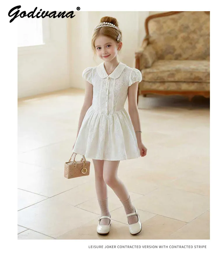 Sweet Baby Girls Summer New High End French Peter Pan Collar Princess Dress Kids Fashion Heavy Lace Embroidery Birthday Dresses