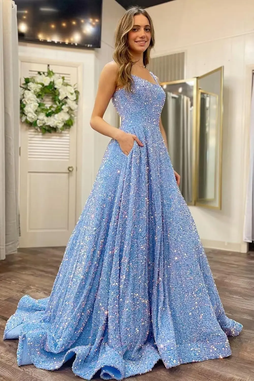 Elegante vestido de fiesta con lentejuelas de manga larga, vestido formal elegante con abertura de satén y cuello en V, vestido de noche de cóctel con bolsillos
