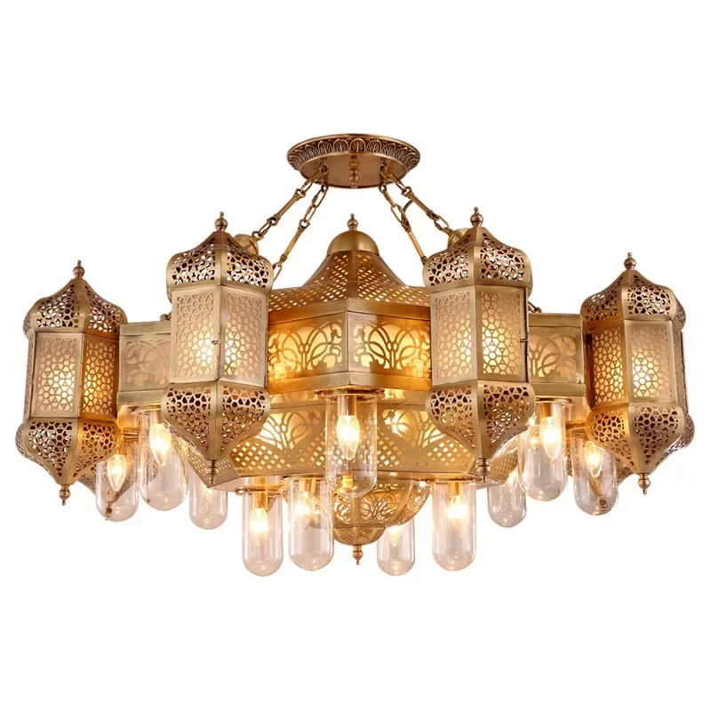 Hollow carved chandelier 8 heads stained glass South East Asia exotic coffee chandelier