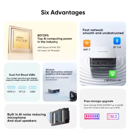 MINISFORUM 2025 AI X1 Mini PC AMD Ryzen AI 9 HX 370 R7 255 OCuLink 2 * USB4 Doppio altoparlante incorporato Computer desktop da gioco WiFi7