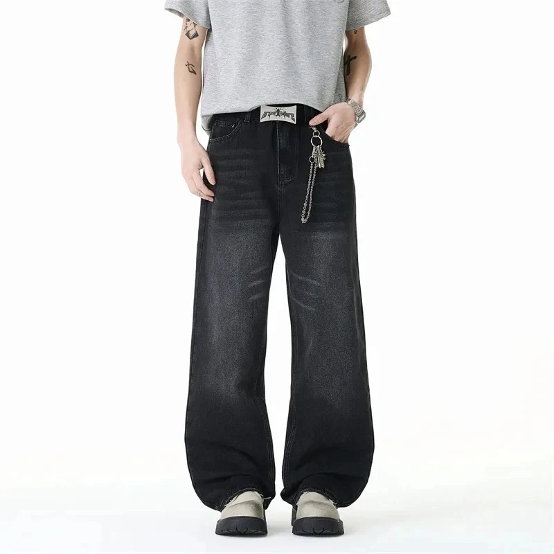 

American Style Washed Black Gray Men's Jeans 2026 New Trousers Chic Fashion Loose Straight Wide Denim Long Pants
