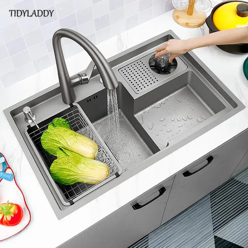 Grey Drop In Kitchen Sink Workstation Undermount Single Bowl 304 Stainless Steel Kitchen Sink with Drain Basket Accessories