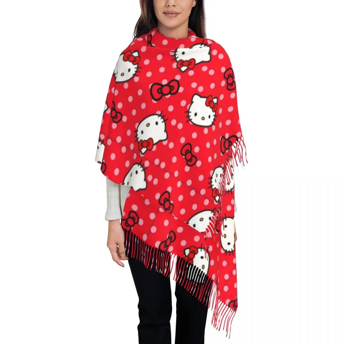 

Hello Kitty Polka Dot Pattern Scarf for Women Winter Fall Pashmina Shawl Wrap Grumpy Bear Large Scarves with Tassel for Ladies