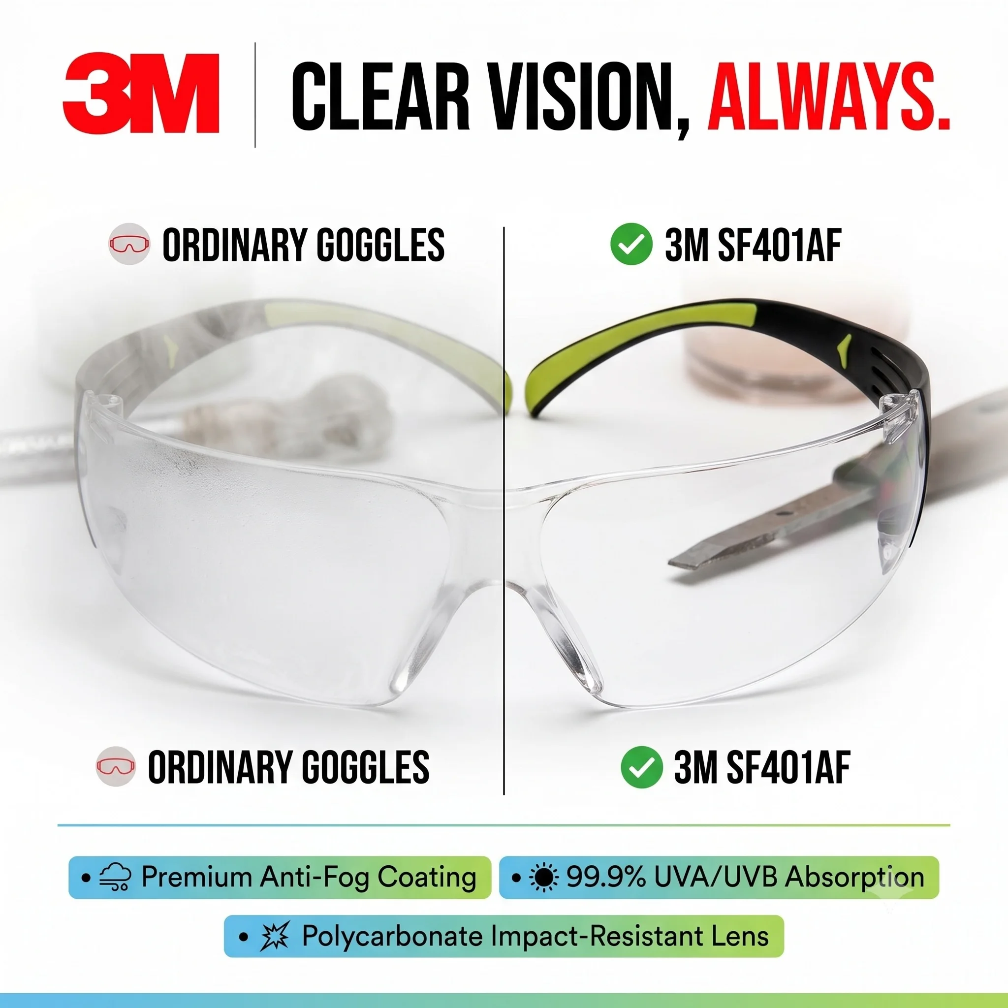 3M SF401AF Protective Safety Glasses Clear Anti-Fog Eyewear High Impact Resistant Goggles for Industrial Work Cycling DIY