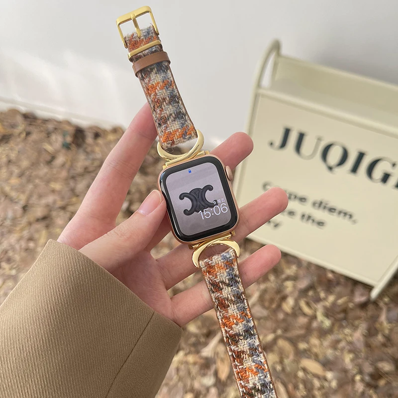 Retro Plaid Woolen Strap for Apple Watch 44mm Band 41 38 49 Leather Bracelet for Iwatch Band Serie 7 8 6 SE 5 4 Smartwatch Band