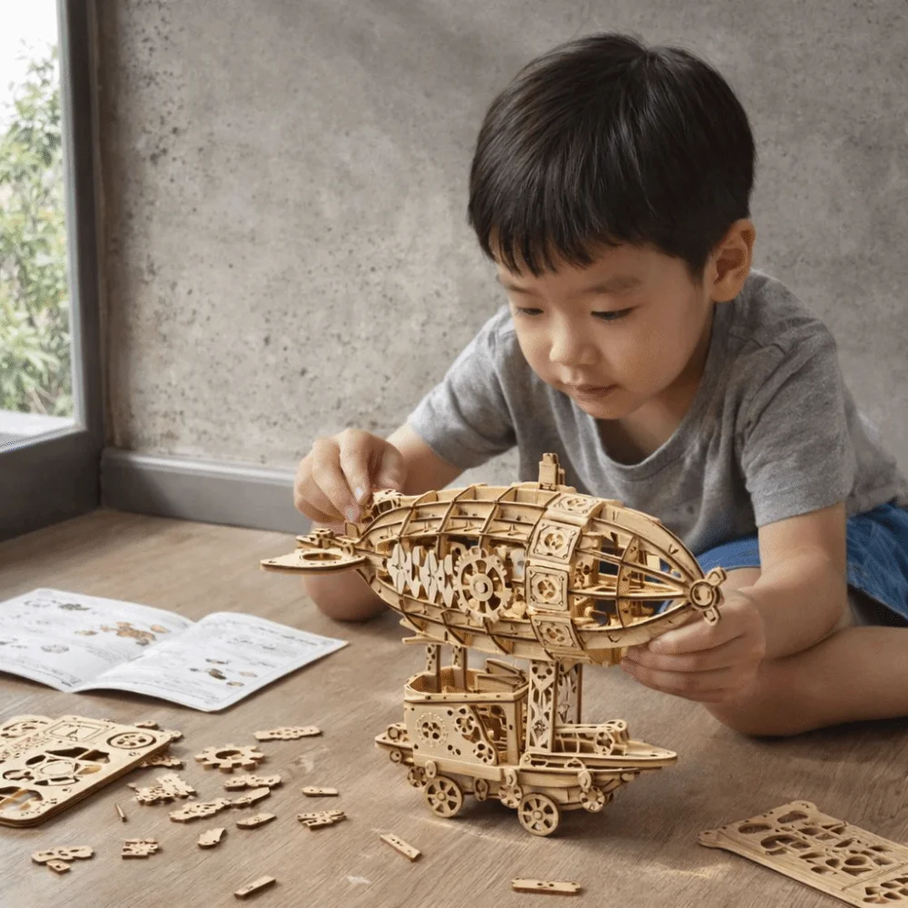 نموذج سفينة هوائية خشبية للبناء، تصميم ميكانيكي، لغز ثلاثي الأبعاد، ألعاب تركيب خشبية ثلاثية الأبعاد، نموذج ميكانيكي يدوي الصنع، مجموعات نماذج للبناء