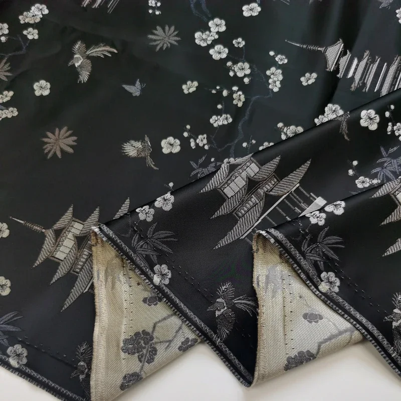 Black Brocade Jacquard Fabric for Sewing Windbreaker Dress Ethnic Costumes Fashion Clothing Fabrics Cloth By The Meter