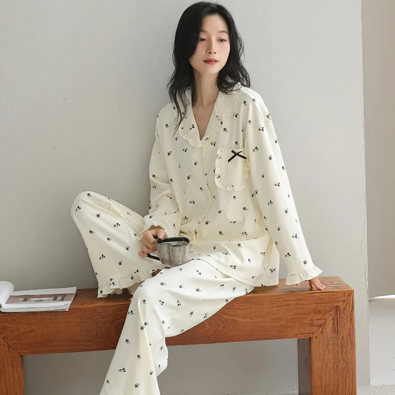 

Pure Cotton 2PCS Pajamas Set Femlae Long Sleeve Trouser Pijamas Suit Sweet French Princess Lace Sleepwear Home Clothes