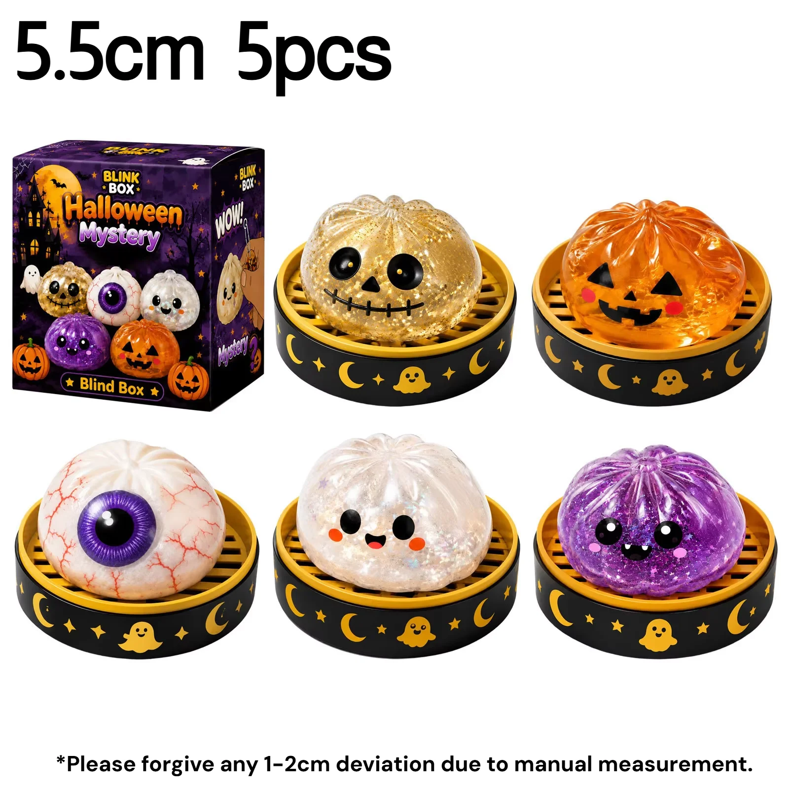 5,5cm/10cm Halloween-Geister-Dumpling-Druckquetschspielzeug, langsam aufsteigend, Stressabbau-Fidget-Spielzeug für Kinder und Erwachsene, Anti-Angst-Geschenk