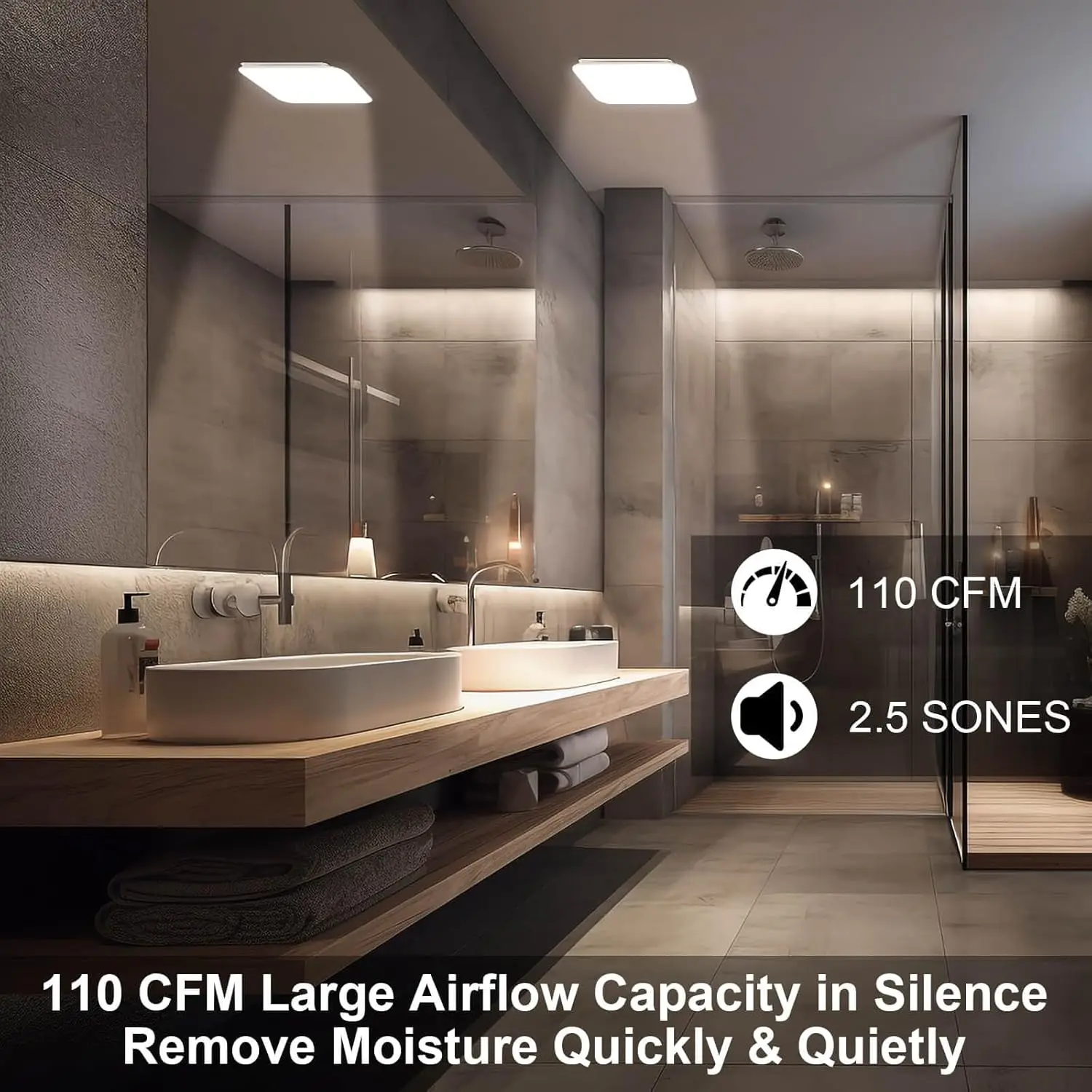 مروحة عادم الحمام 110 CFM مع ضوء، 3 ألوان قابلة للتحويل (3000K/4000K/5500K)، 1000LM LED، فائقة الهدوء 2.5 سنونز