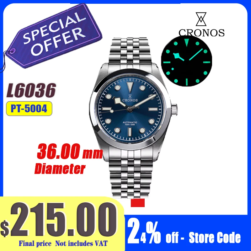 Cronos Neue Mechanische Herrenuhren 36mm Automatik PT5004 Miyota9015 Saphirglas SST Armband BGW-9 C3 Lume 10ATM L6036