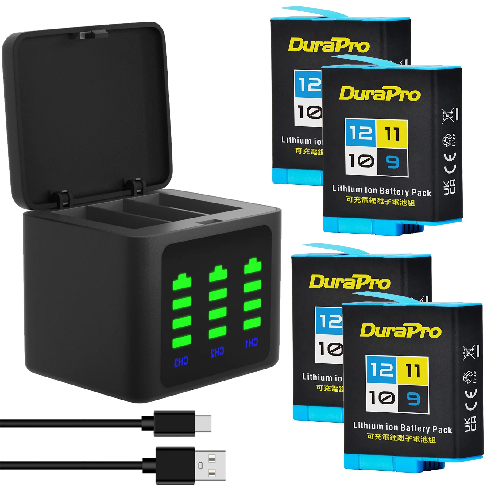 

DuraPro Battery For GoPro Hero 12 11 10 9 1800mAh Bateria + LED 3Slots Charger For Go Pro Hero9 Hero10 Hero11 Hero12 Accessories