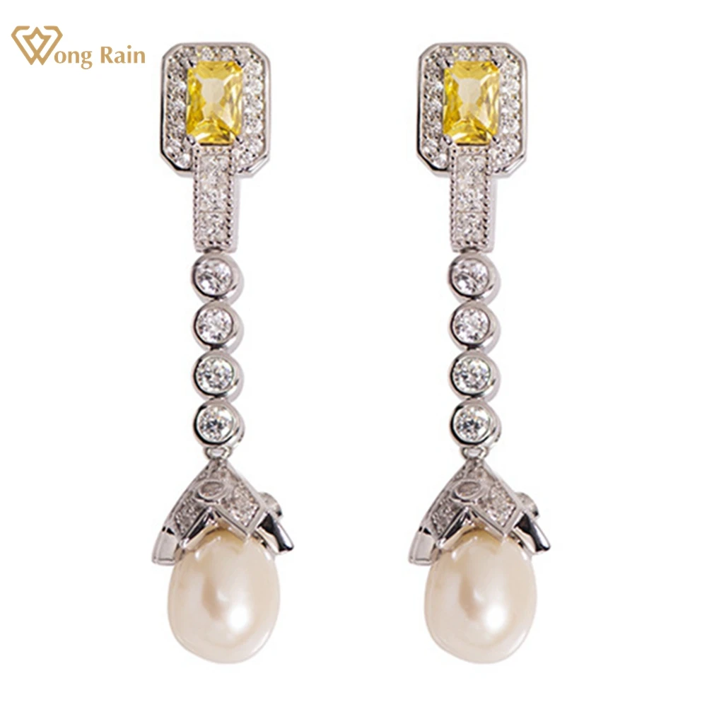 

Wong Rain Vintage Elegant 925 Sterling Silver Natural Pearl High Carbon Diamond Citrine Gemstone Drop Earrings for Women Jewelry