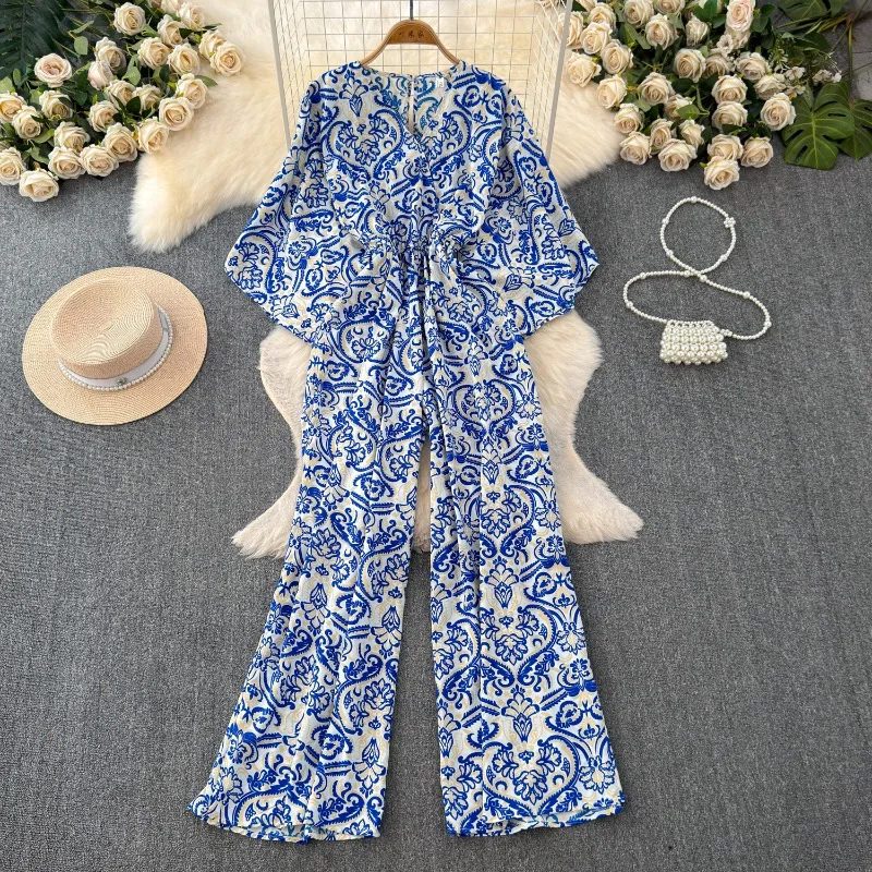 

Vintage French Light Mature Style Jumpsuit Women Flare Sleeve Bodysuit Drawstring Slim Waist Flower Print Wide Leg Pant Romper