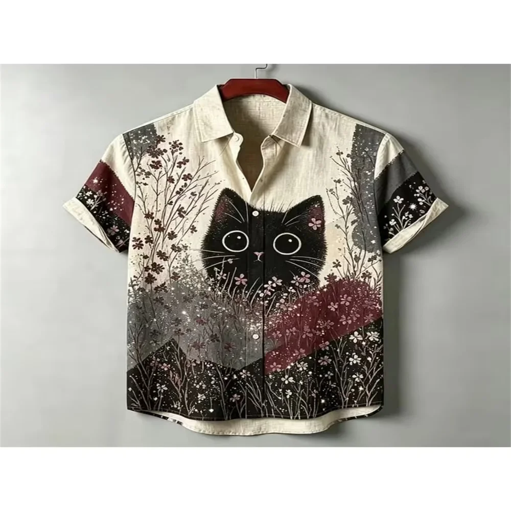 Men's Short Sleeve Shirt Cute Black Cat Floral Plant 3D Print Turn‑down Collar Button‑Up Shirt Vintage Casual Loose Streetwear B