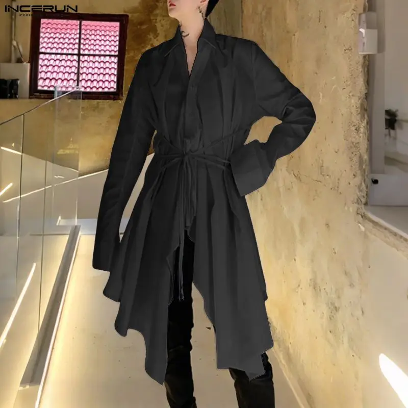 INCERUN الرجال نمط طويل قميص الصلبة التلبيب كم طويل زر الدانتيل يصل الرجال الملابس فضفاضة الشارع الشهير موضة الذكور غير النظامية القمصان #4