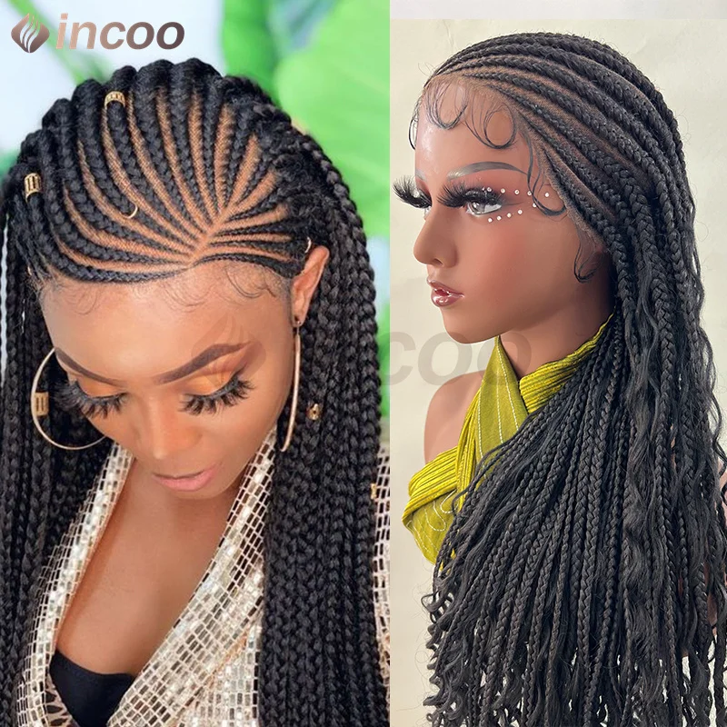 

Wear go Glueless 36" Synthetic Braided Wigs Curly End Full Lace Braids Hair Wig Afric Cornrow Braiding Lace Wigs For Black Woman