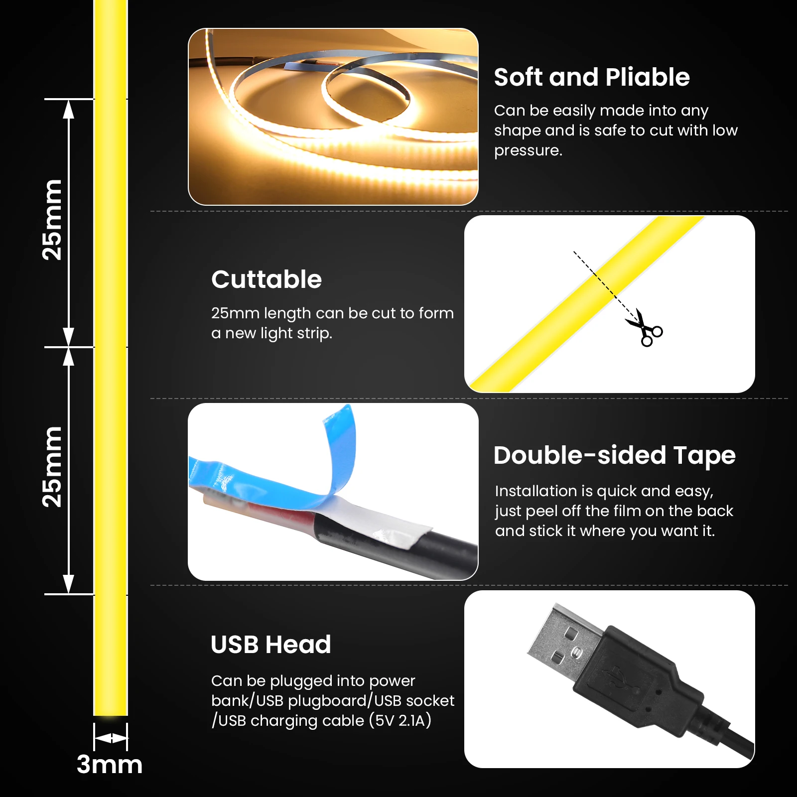 Tira de luces LED COB ultradelgada de 3mm, cinta de alta densidad de 5V, 320LED/m, color blanco cálido/blanco Natural/azul hielo/Verde/rojo/amarillo