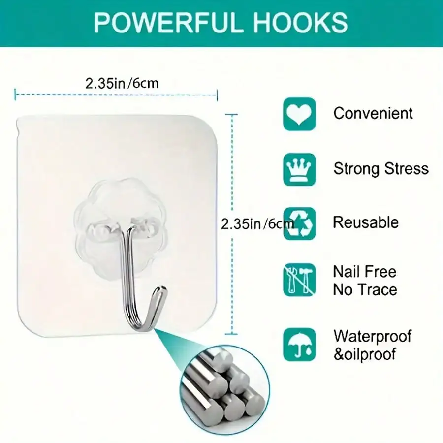 15-PieceSelf-Adhesive Wall Hooks, Set Of Strong Adhesive Hooks, Waterproof Hooks, Seamless Bathroom Toilet Wall Storage Hooks, - Detail 1