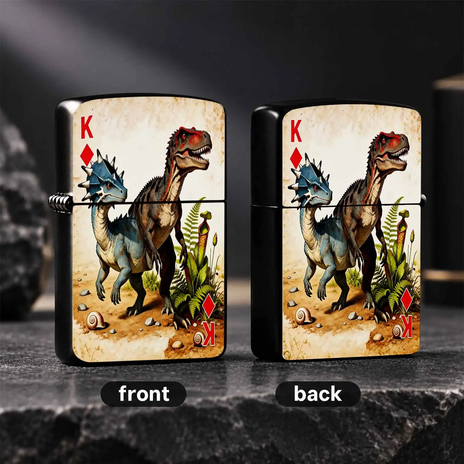 Creative Dinosaur Themed King Of Diamonds Playing Card Lighter, Vintage Prehistoric Style With Two Jurassic Dinosaurs, Decorative Carnivorous Herbivore Dino Pattern, Portable Ornament For Daily Use, Collection Gifting F A Humorous And Inter
