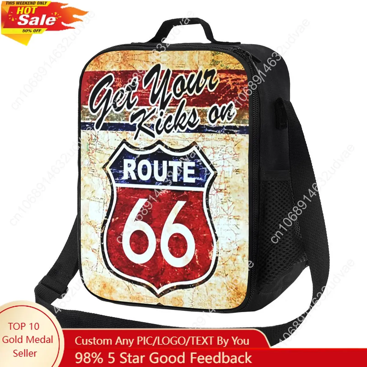 

Custom Route 66 Portable Lunch Box Women Waterproof American Road Cooler Thermal Food Insulated Lunch Bag Kids School Children