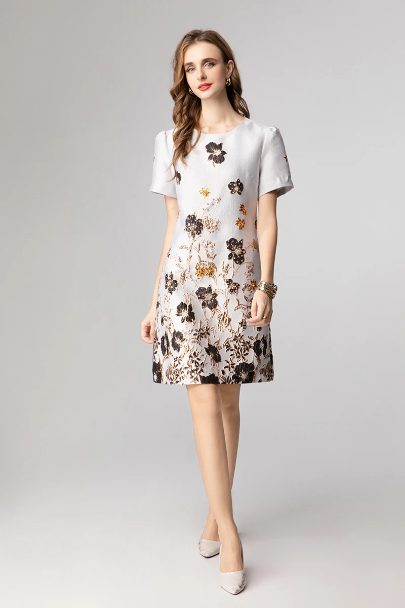 미우시마오 2025 패션 로얄 럭셔리 빈티지 자카드 가을 드레스 플로럴 드레스 A라인 숏 다이아몬드 드레스 여성 의류