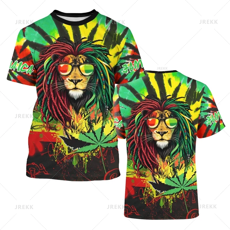Jamaica Flag Graphic T-Shirt Men's Lion 3d Printed Crewneck Short Sleeve Casual Sports Tops Tees Summer Oversized T Shirts view 4