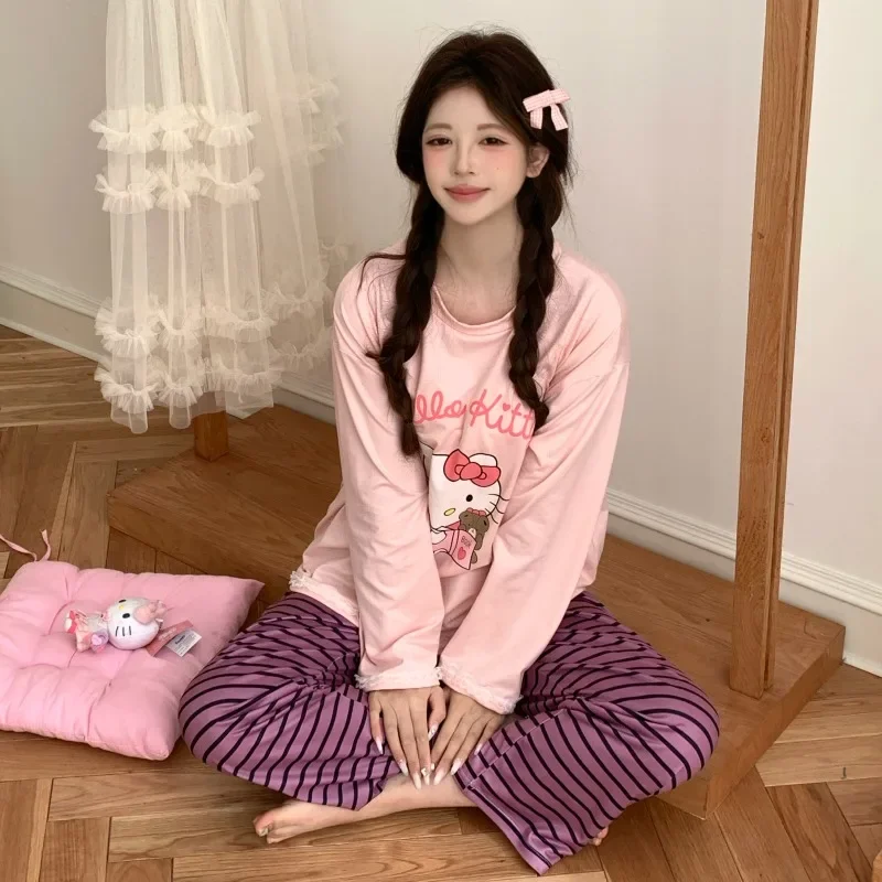 

Весенне-летние новые женские пижамы Hello Kitty, брюки с длинными рукавами из мультфильма, женские модели, домашняя одежда Sanrio Hello Kitty