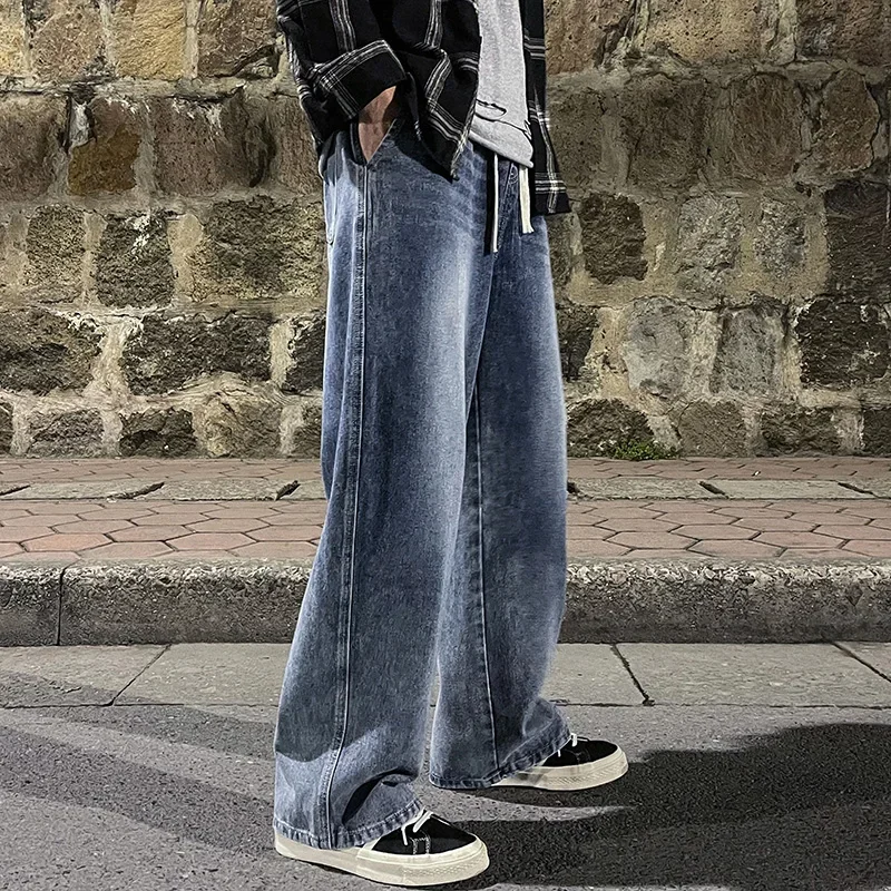 Jeans largos com cordão lavado masculino, calça de pernas largas, rua alta, nova tendência, primavera e outono, 2022