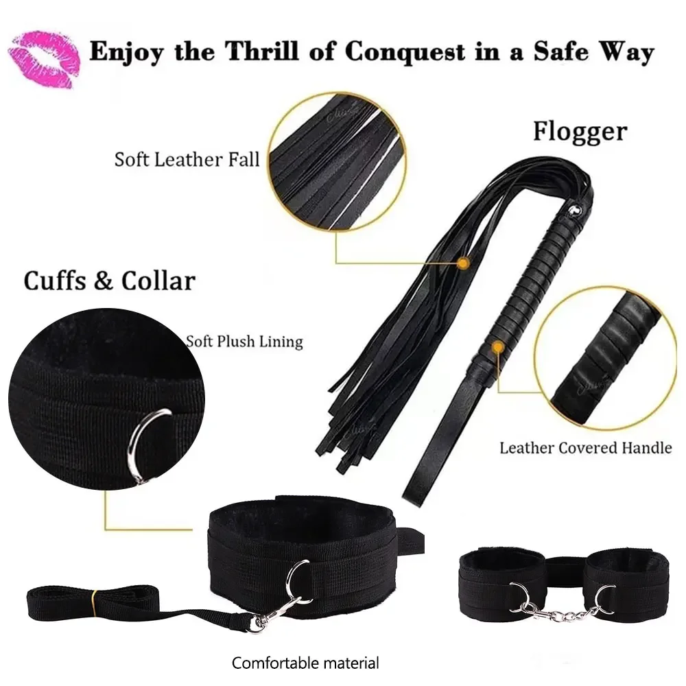 Sexy Nylon BDSM Kit Plush Sex Bondage Sex Toys for Women Set Handcuff Exotic Accessories Sex Games Whip Nipple Clamp Sex Toys 18