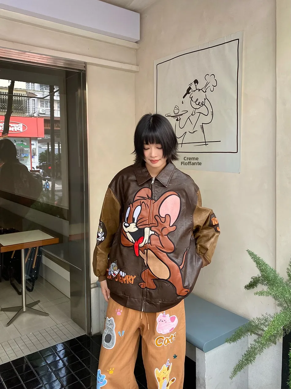 เสื้อแจ็คเก็ตหนัง PU สไตล์เรโทรอเมริกันลายการ์ตูนปัก แบรนด์ BIBULU ทรงหลวม สไตล์ลำลอง สำหรับผู้หญิง