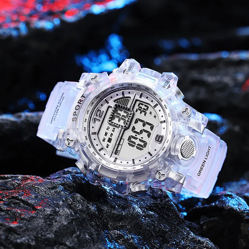 Large dial transparent electronic watch, multifunctional children's sports electronic watch