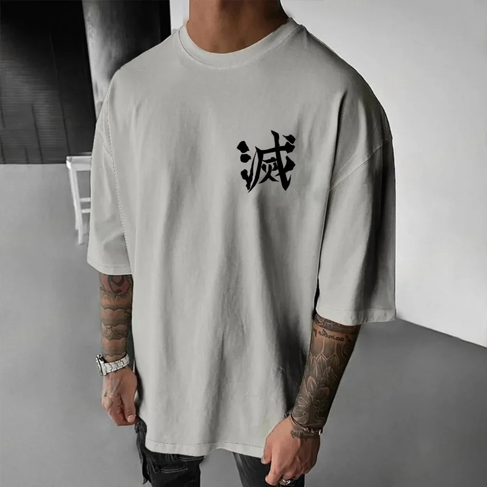 Camiseta masculina demon slayer kokushibo anime verão meninos primavera e outono crianças de manga curta solta roupas pai-filho