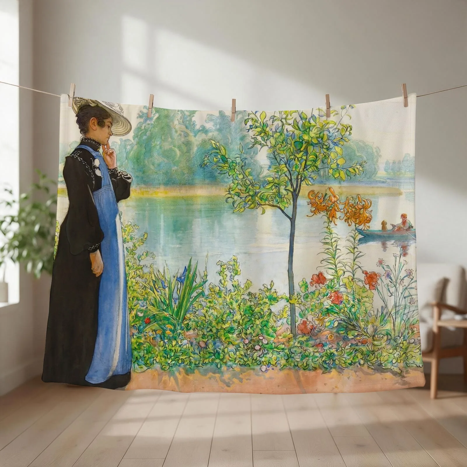 Karin at the Shore by Carl Larsson (1908) Throw Blanket couch cozy soft plush fuzzy picnic outdoor blanket