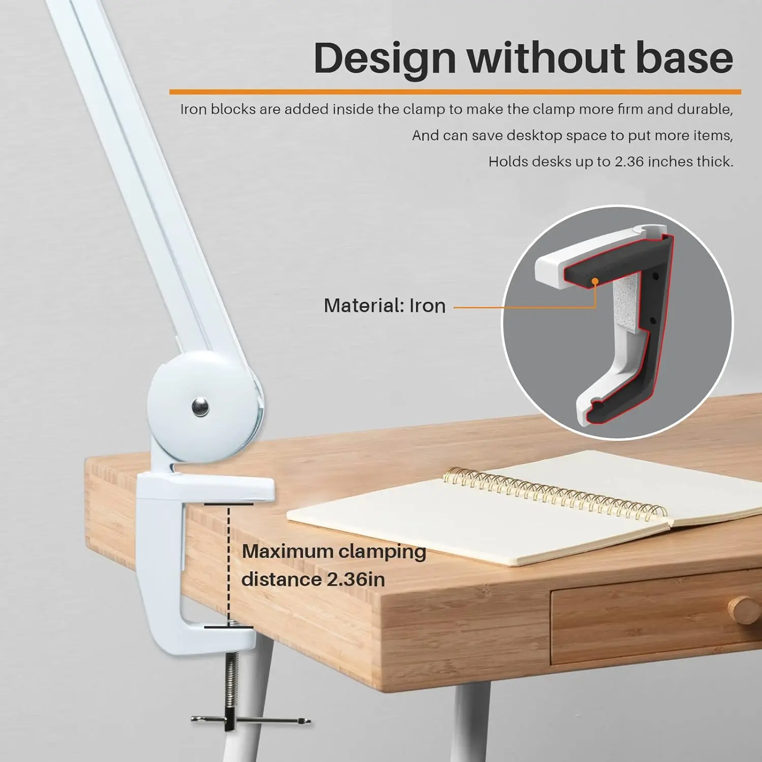 23" LED Desk Lamp with Clamp, 182 LEDs, 5 Color Temps & Brightness Levels, Dimmable Swing Arm Light