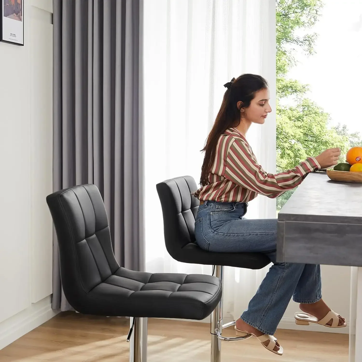 Bar Stools Set of 2, Armless Adjustable Swivel Barstools, PU Leather Hydraulic Kitchen Counter Height Bar Stools, Black