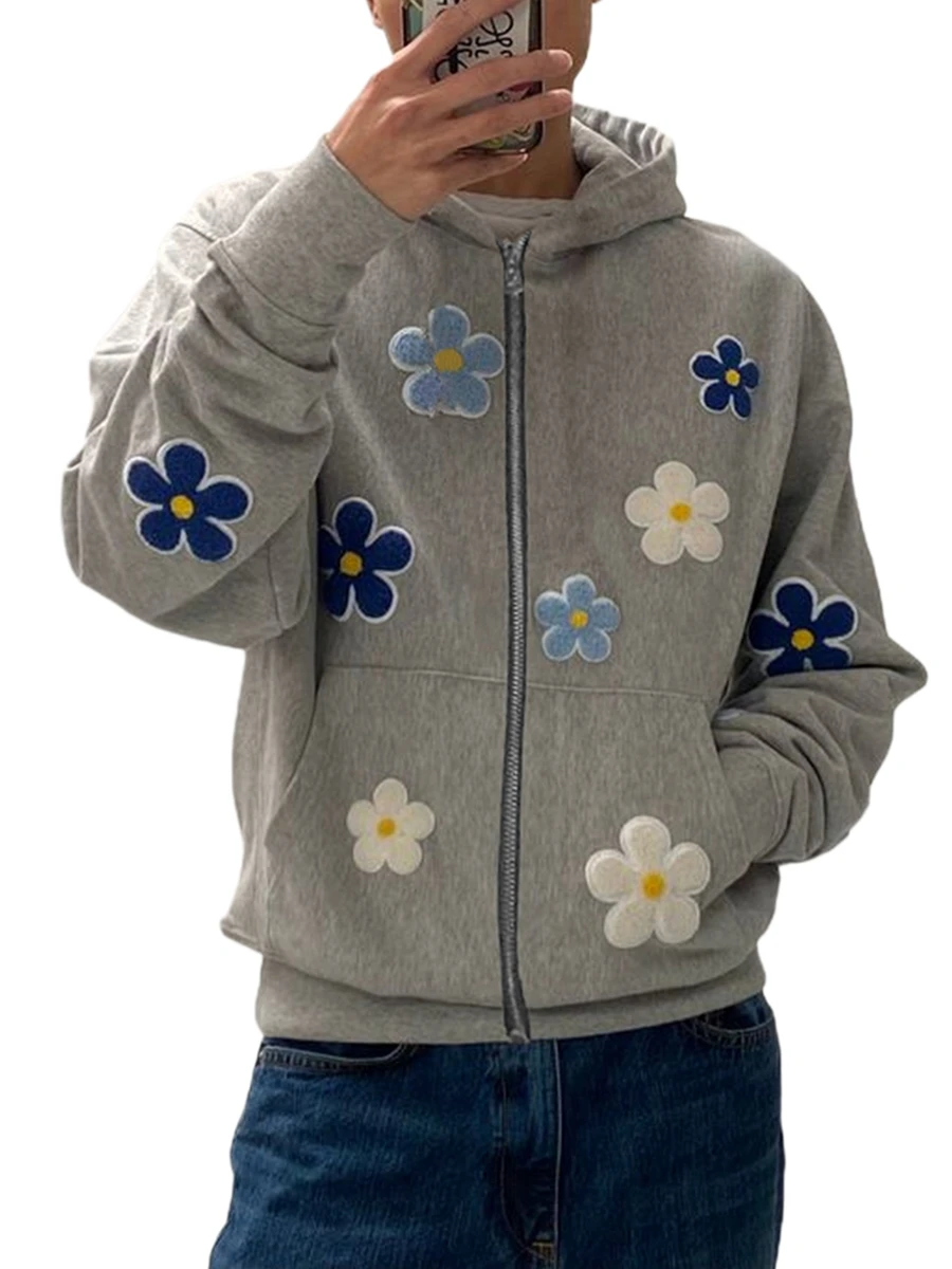 Women s Floral Embroidery Hoodie Long Sleeve Hood Sweatshirt with Front Pocket